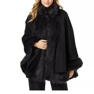 NWT Jessica London BLK Faux Fur Trim Wool Blend Cape Coat Sz 26/28 Classic Chic